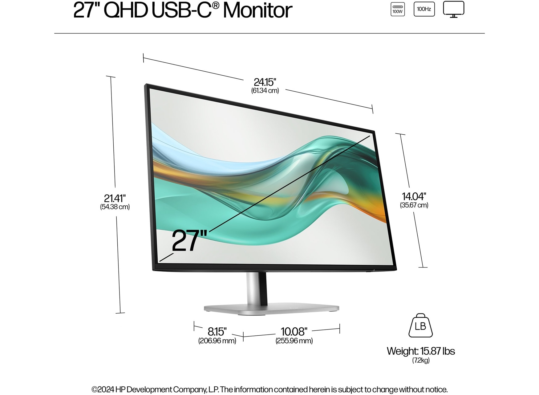 HP Series 5 Pro S527pu 27-inch QHD USB-C Monitor, 2560x1440, 100Hz, 65W Power Delivery, RJ-45 Ethernet, 4-Way Adjustable | 9E0G5AS#ABV thumbnail 3