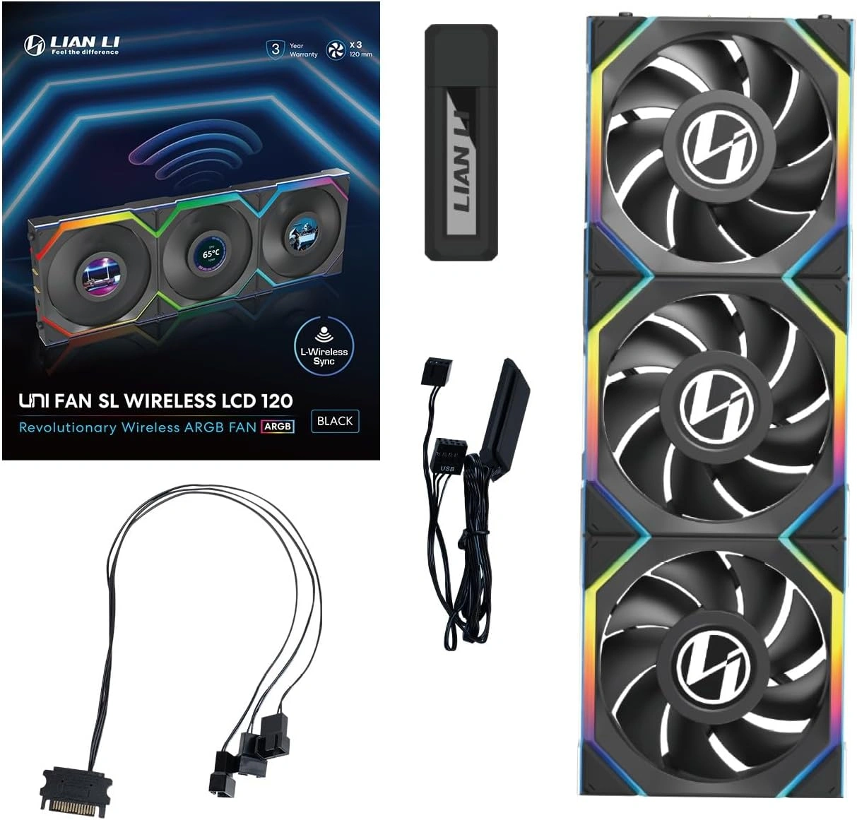 Lian Li UNI FAN SL Wireless LCD 120mm Triple Pack Case Fan with Controller, Black | 12SLLCD1W3B thumbnail 6