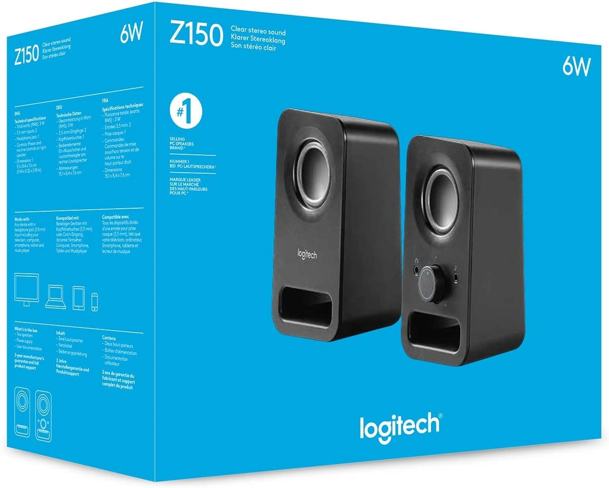 Logitech Z150 Multimedia Speakers, 2.0 Stereo Sound, 6W Peak Power, Integrated Headphone Jack, Compact Design, Black | 980-000816 thumbnail 6