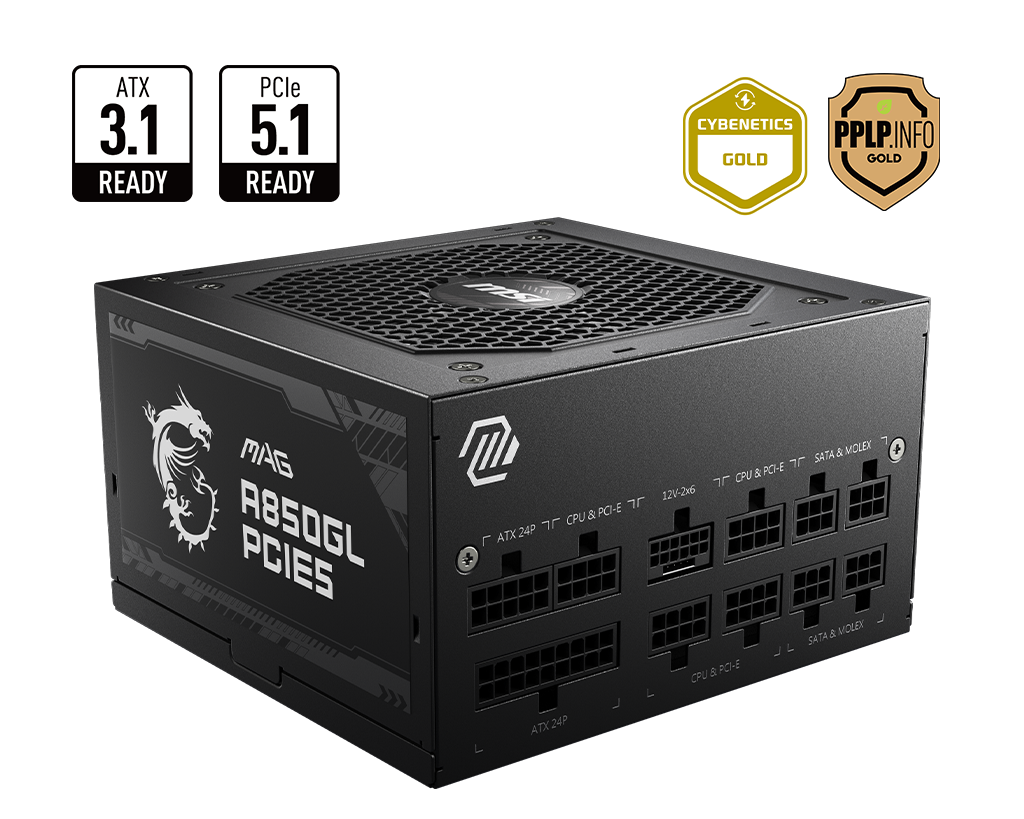 MSI MAG A850GL PCIE5 850W Modular Power Supply, ATX 3.1, 120mm Cooling Fan, 80 Plus Gold Efficiency Rating, 4 x PCIe 6+2-Pin Connectors, 8 x SATA Connectors, Black | 306-7ZP8A18-CE0 – Buy Online