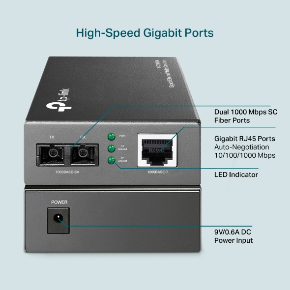 tp-link Tp-Link Gigabit Sfp To Rj45 Fiber Media Converter, Fiber To Ethernet Converter 10/100/1000Mbps Rj45 Port To 1000Base-Sx Multi-Mode Fiber (MC200CM) Black - thumbnail 2