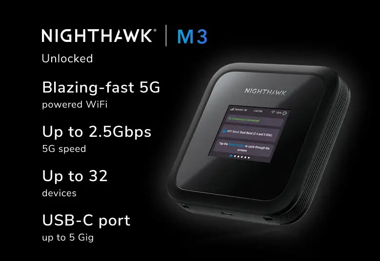 NETGEAR Nighthawk M3 5G Mobile Hotspot Router, Unlocked AX3600 WiFi 6, Up to 2.5Gbps 5G Speeds, 2.4” Touch Screen, 5185mAh Battery | MH3150-100EUS thumbnail 7