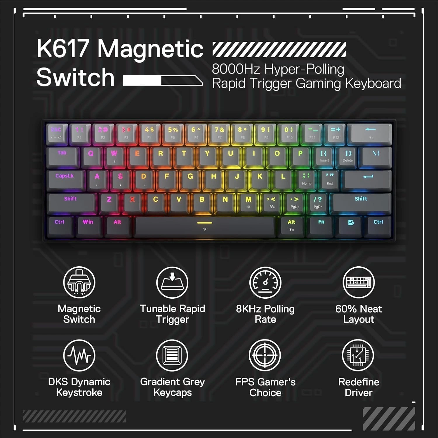 Redragon Fizz 60% Wired Mechanical Gaming Keyboard, 8K Polling Rate, Rapid Trigger Magnetic Switches, K617GGB-RGB-M Black |  K617GGB-RGB-M thumbnail 2
