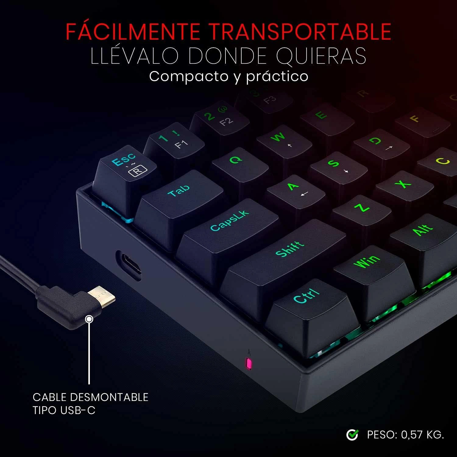 Redragon K630RGB Dragonborn 60% Wired Mechanical Gaming Keyboard, Brown Switches, Black | K630RGB thumbnail 4