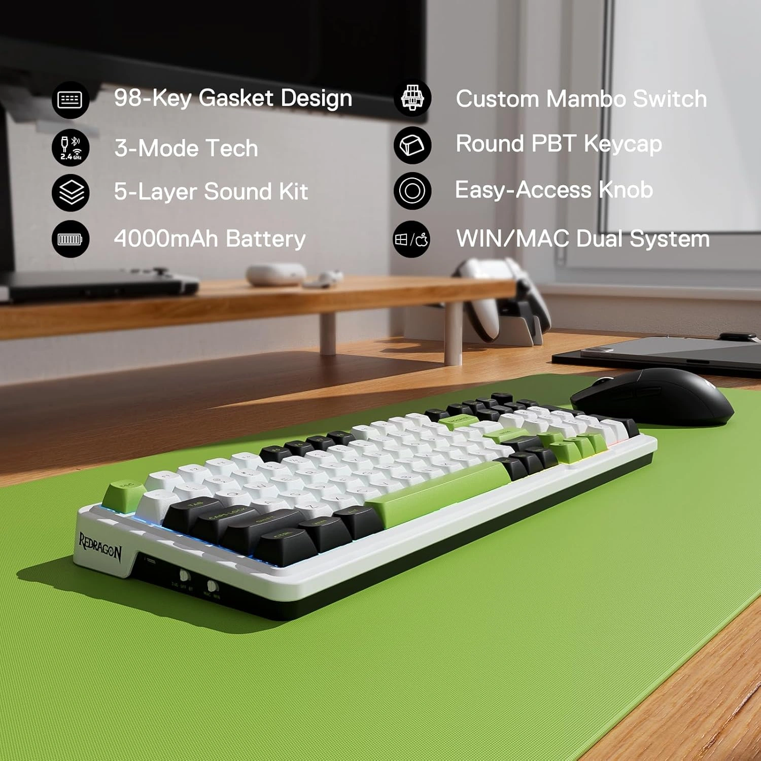 Redragon K686WBG EISA MAX Wireless Mechanical Gaming Keyboard, Linear Mint Mambo Switch, 98-Key, Tri-Mode, Hot-Swappable RGB | K686WBG thumbnail 6