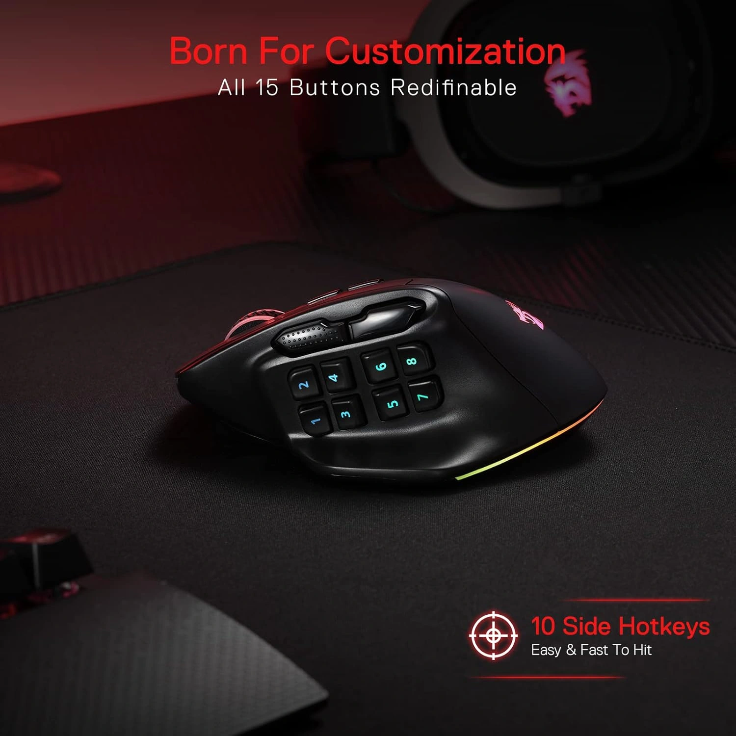 Redragon M811 AATROX PRO Wireless MMO Gaming Mouse, 26,000 DPI, 15 Programmable Buttons, RGB | M811 AATROX PRO thumbnail 5