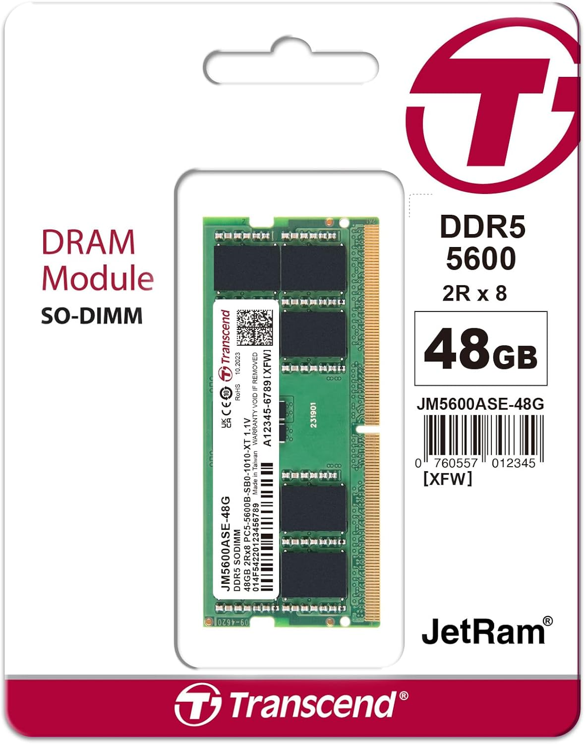 Transcend 48GB DDR5 5600 SO-DIMM 2Rx8 1.1V, RAM, Notebook/Laptop Computer Memory | JM5600ASE-48G thumbnail 2