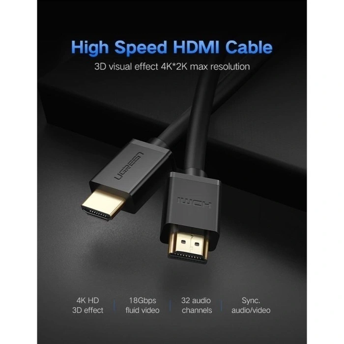 UGREEN HDMI 2.0 Cable 2-Meter High Speed 4K 60Hz HDMI Male to Male Cable, Gold-Plated, Black | HD104-10107B thumbnail 2