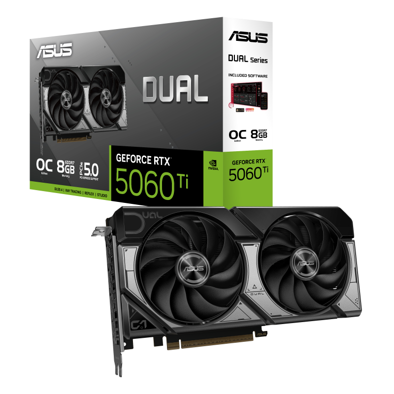 ASUS Dual GeForce RTX 5060 Ti 8GB GDDR7 OC Edition Graphic card, 8GB GDDR7, 28 Gbps 128-bit, 4608 CUDA Cores, 2632MHz OC mode, SFF-Ready 2.5 Slot, DLSS4 | 90YV0MP2-M0NA00 – Buy Online