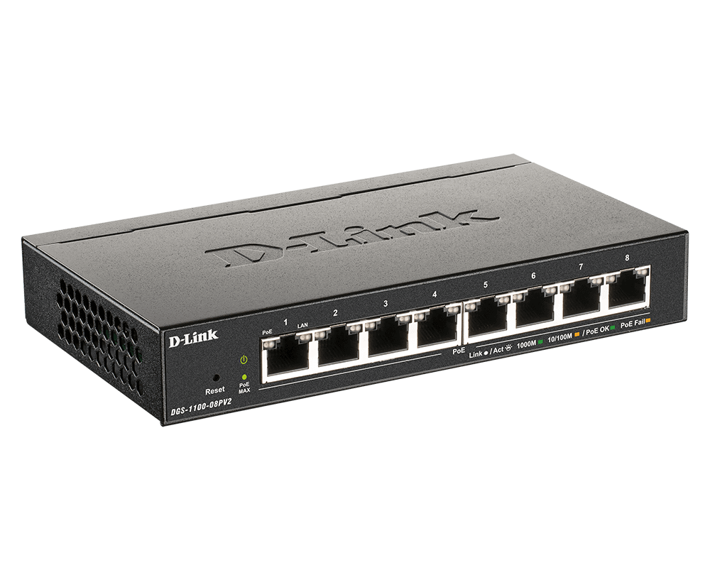D-Link DGS-1100-08P 8-Port Gigabit Smart Managed PoE Switch, 64W PoE Budget, Fanless Desktop Design, Surveillance VLAN thumbnail 3