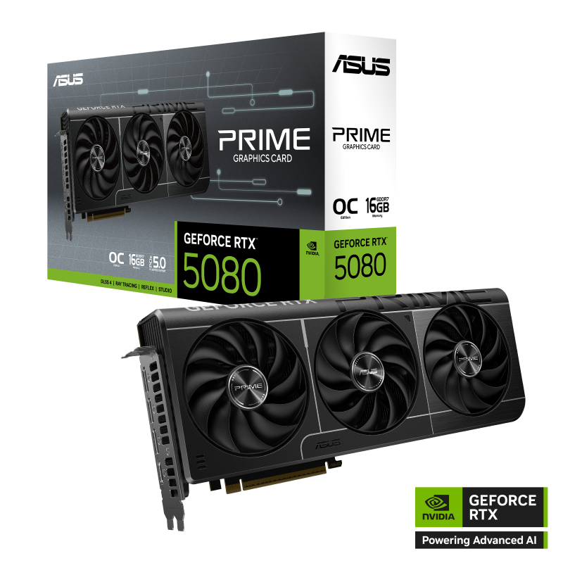 ASUS PRIME GeForce RTX 5080 16GB GDDR7 OC Edition Graphics card, 16GB GDDR7,  256-bit  30 Gbps, Extreme Clock 2685 MHz, 10752 CUDA Core, NVIDIA Blackwell Architecture and DLSS4 | 90YV0LX0-M0NA00 – Buy Online