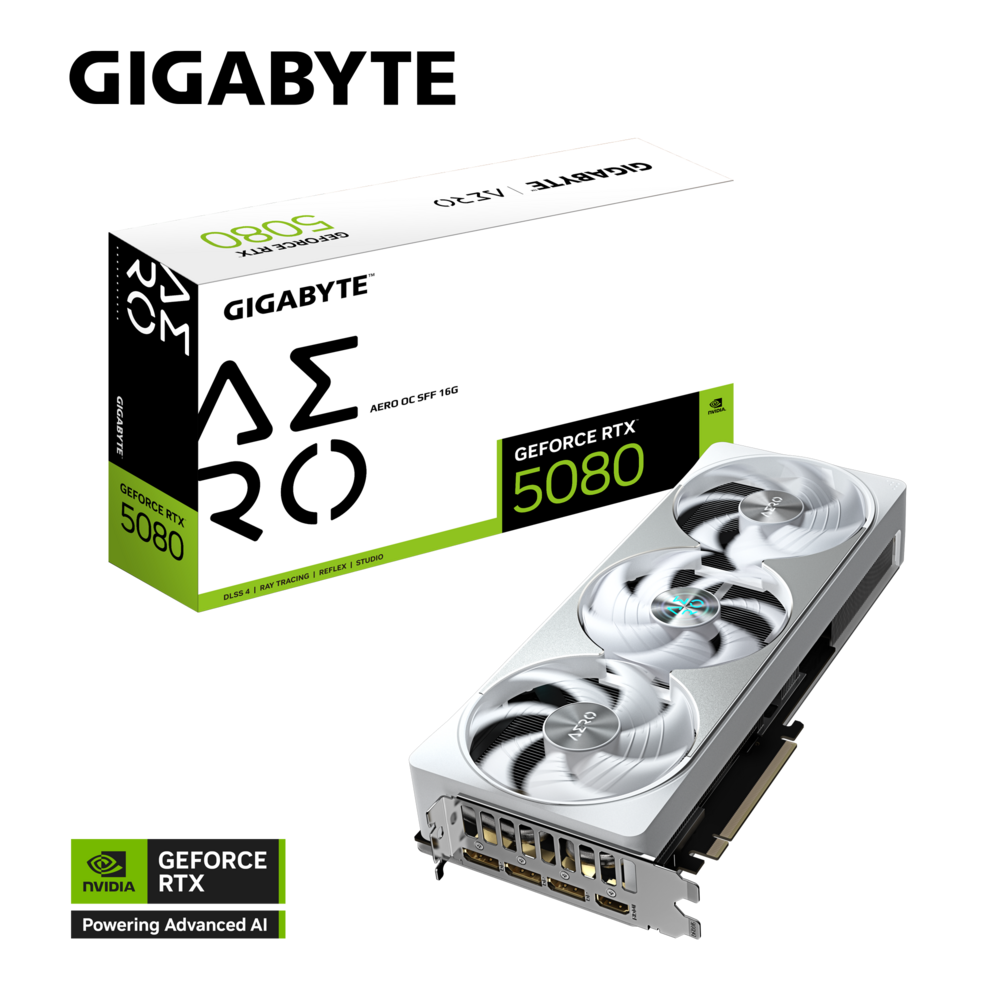 GIgabyte NVIDIA GeForce RTX 5080 AERO OC SFF 16G Graphic card, DLSS4,16GB GDDR7, 256, bit 30 Gbps, 2730 MHz Max Clock, PCI-E 5.0, White | GV-N5080AERO OC-16GD – Buy Online