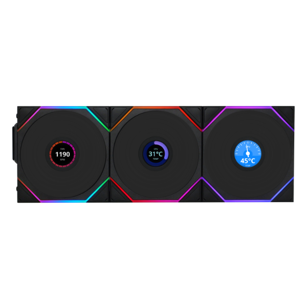 Lian Li UNI FAN TL120 LCD Reverse Blade Wireless Black Triple Pack Case Fan, 120mm, 2.83 mmH2O Air Pressure, 54.3 CFM Air Flow, Fluid Dynamic Bearing | 12RTLLCD1W3B – Buy Online