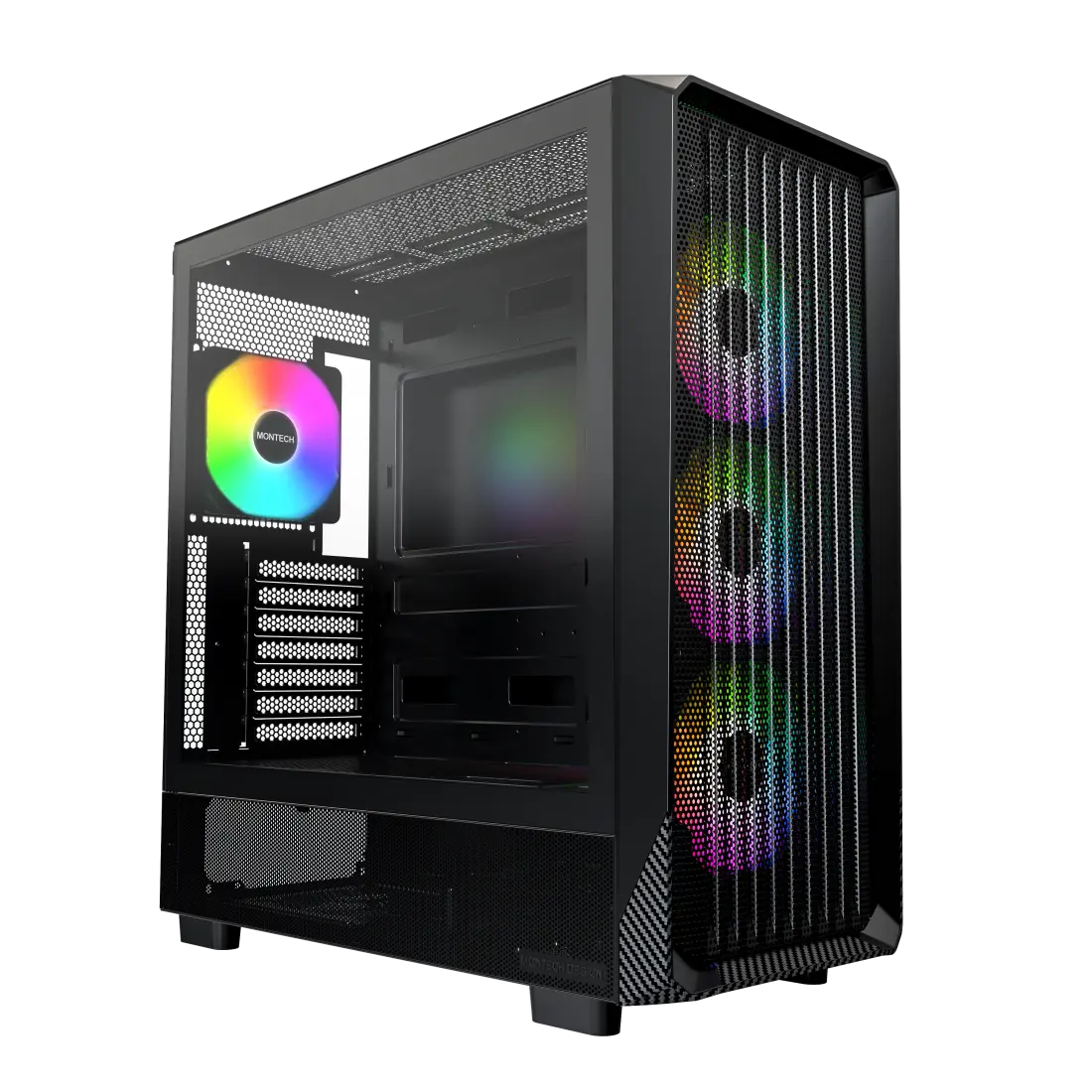 MONTECH X5 ATX Mid-Tower Gaming PC Case, High Airflow, 3X 140mm and 1x 120mm ARGB Fans Pre-Installed, Glass Side Panel, Carbon Print Accents, GPU Holder Included – Buy Online