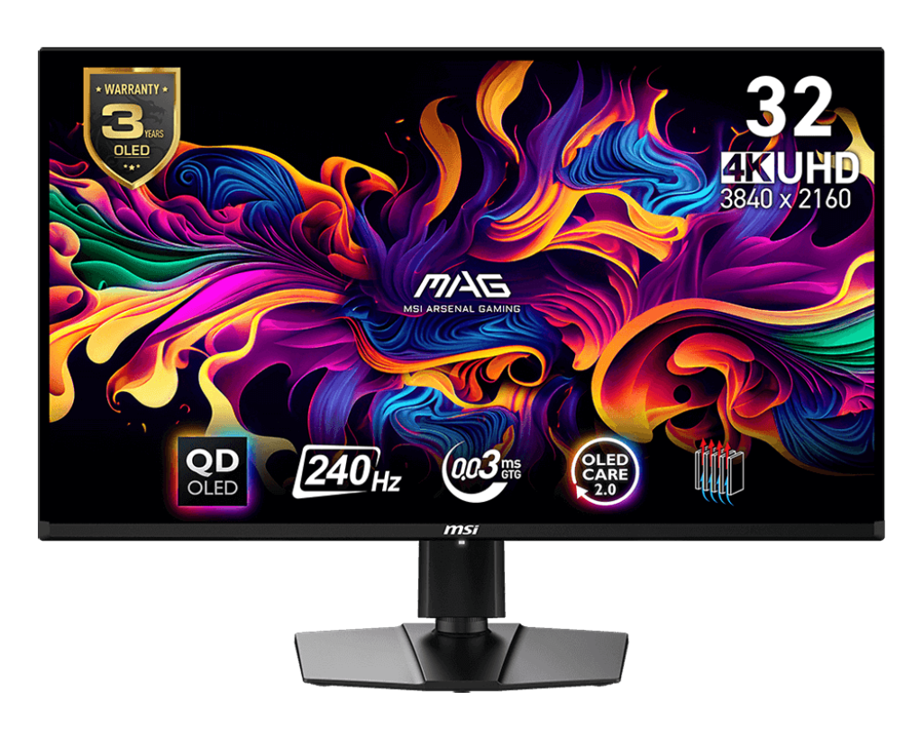 MSI MAG 321UPX QD-OLED 31.5-Inch UHD 0.03ms 240Hz Gaming Monitor, 3840x2160 (UHD), Delta E???2, VESA DisplayHDR, Adaptive-Sync, MSI OLED Care 2.0, Adjustable Stand, Type-C (DP alt.) w/ PD 15W charging,  Black | 9S6-3DD39T-008 – Buy Online