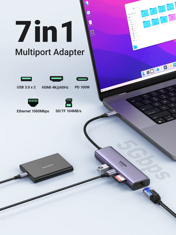 UGREEN Revodok 107 USB-C 7-in-1 Hub, 4K@60Hz HDMI, 1Gbps Ethernet, 100W Power Delivery, & SD/TF Card Reader | 60515 thumbnail 3