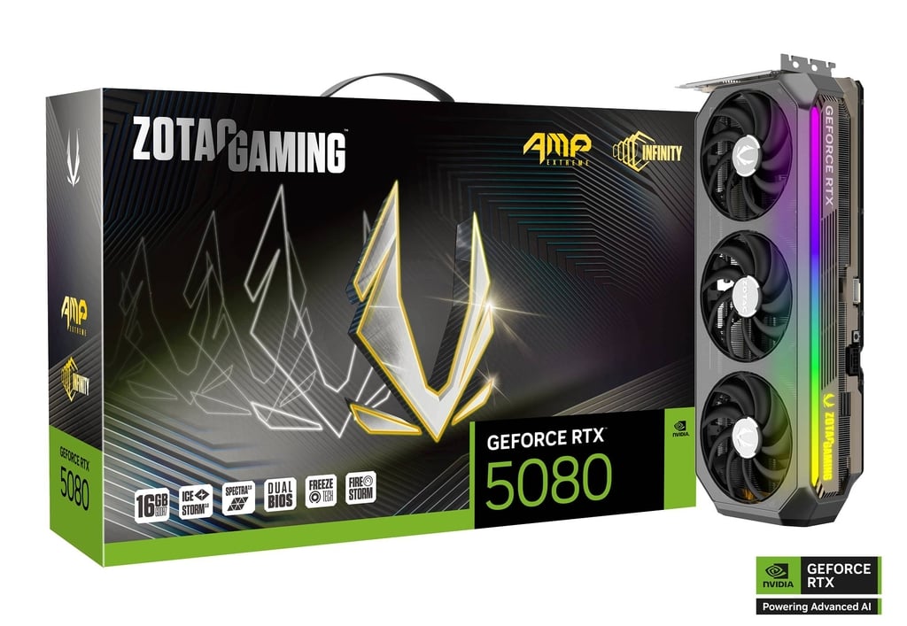 ZOTAC GAMING GeForce RTX 5080 AMP Extreme INFINITY Graphic card, 16GB GDDR7, 30 Gbps 256-bit, 10752 CUDA cores, 2670 MHz  Core Clock, PCI E 5.0 x16, Black | ZT-B50800B-10P – Buy Online